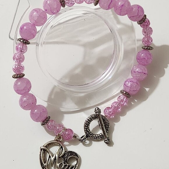 Hand Crafted Bracelet Mom Charm Lavender Quartz Crackle Beads Silver Clasp 10" - Picture 5 of 6